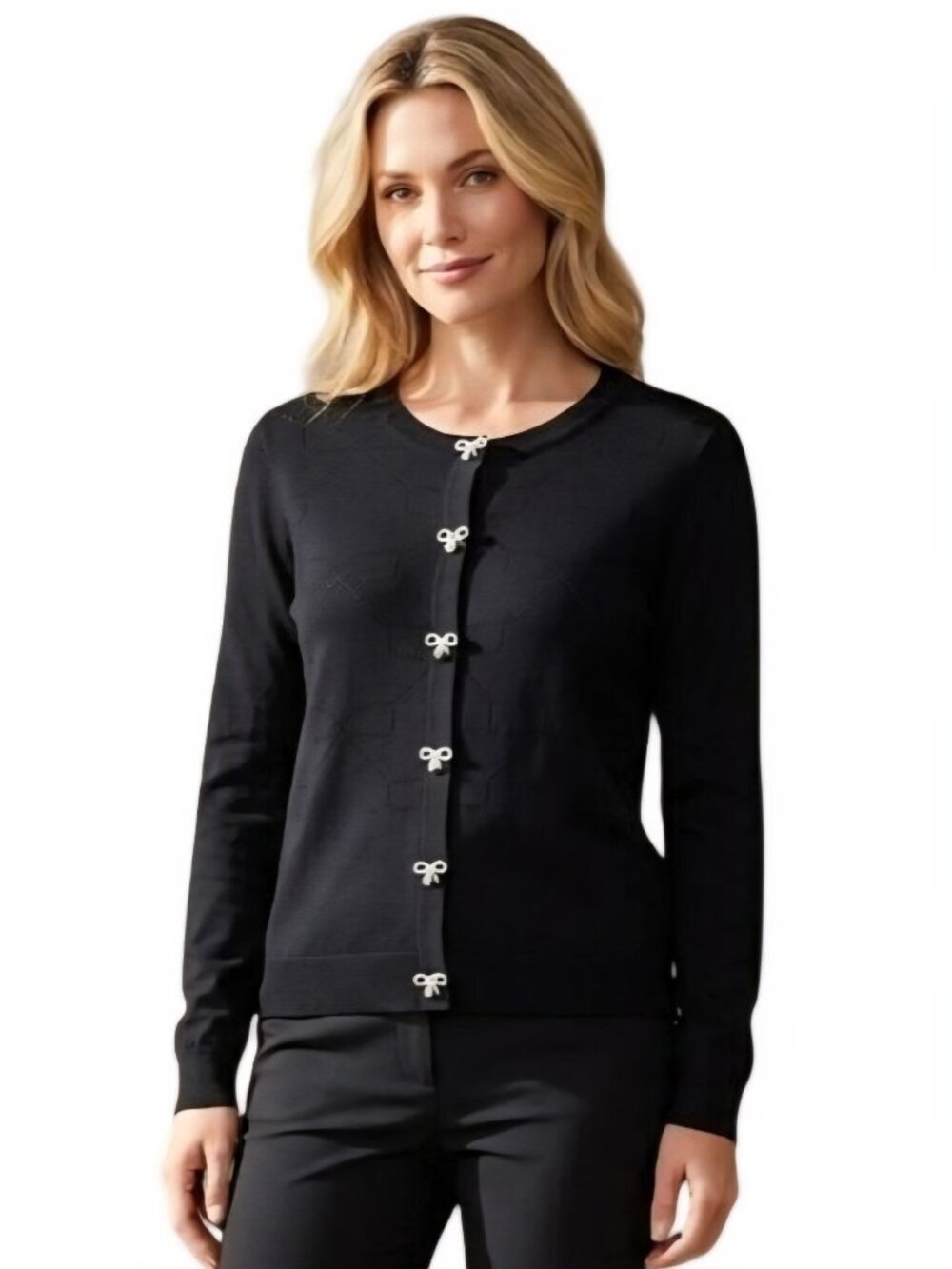 Adrienne Vittadini NWT Crewneck Bow Pointelle Black Cardigan Sweater Size L
